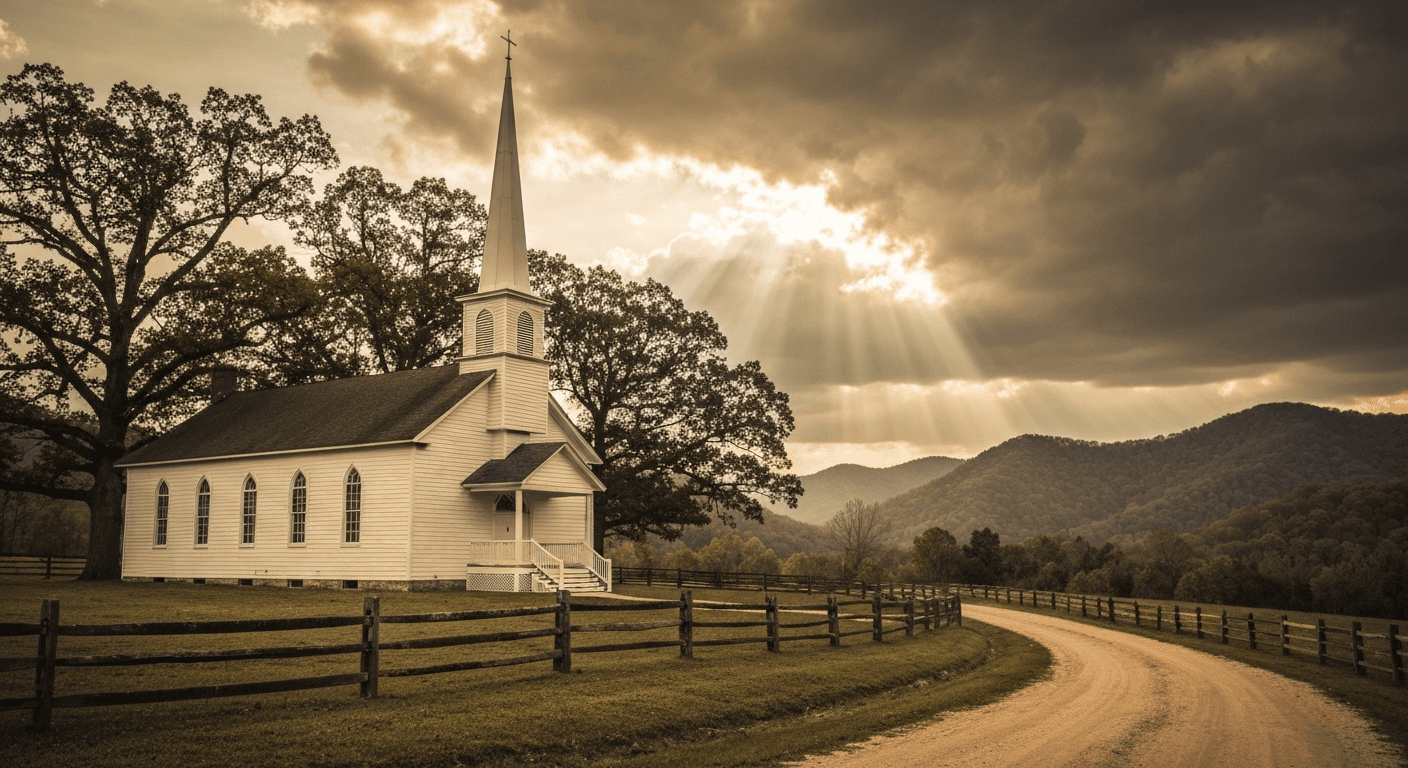 Pall Mall, TN church scene. WWI christian testimony: Alvin York's faith and military service, God protection in battle amidst storm clouds.