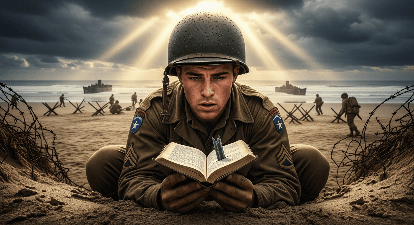 WWII veteran Guy Whidden holding prayer book that stopped mortar fragment during D-Day survival testimony of divine protection in Normandy