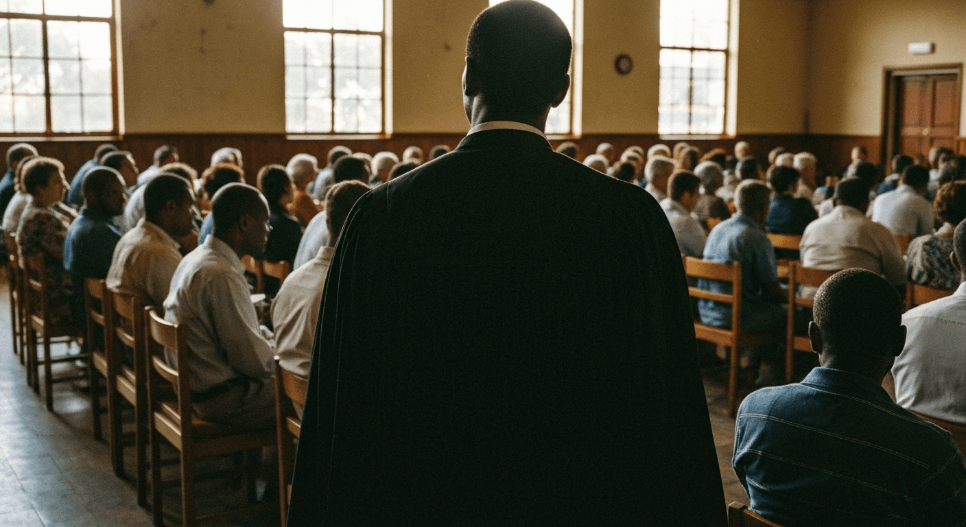 Archbishop Desmond Tutu presiding over Truth and Reconciliation Commission hearing in South Africa during post-apartheid restorative justice era