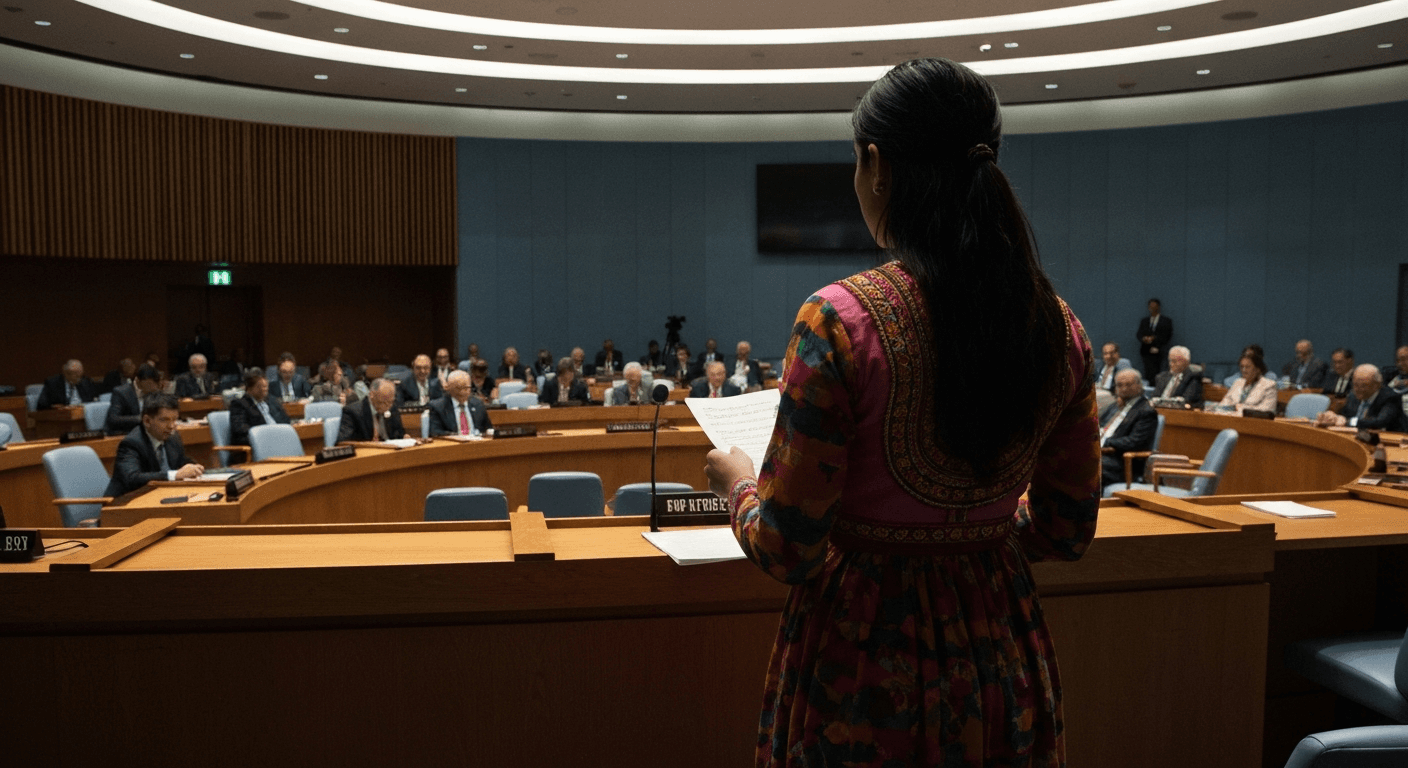 Nobel Peace Prize winner Nadia Murad speaking at podium about Yazidi genocide and ISIS sexual violence in modern courtroom setting