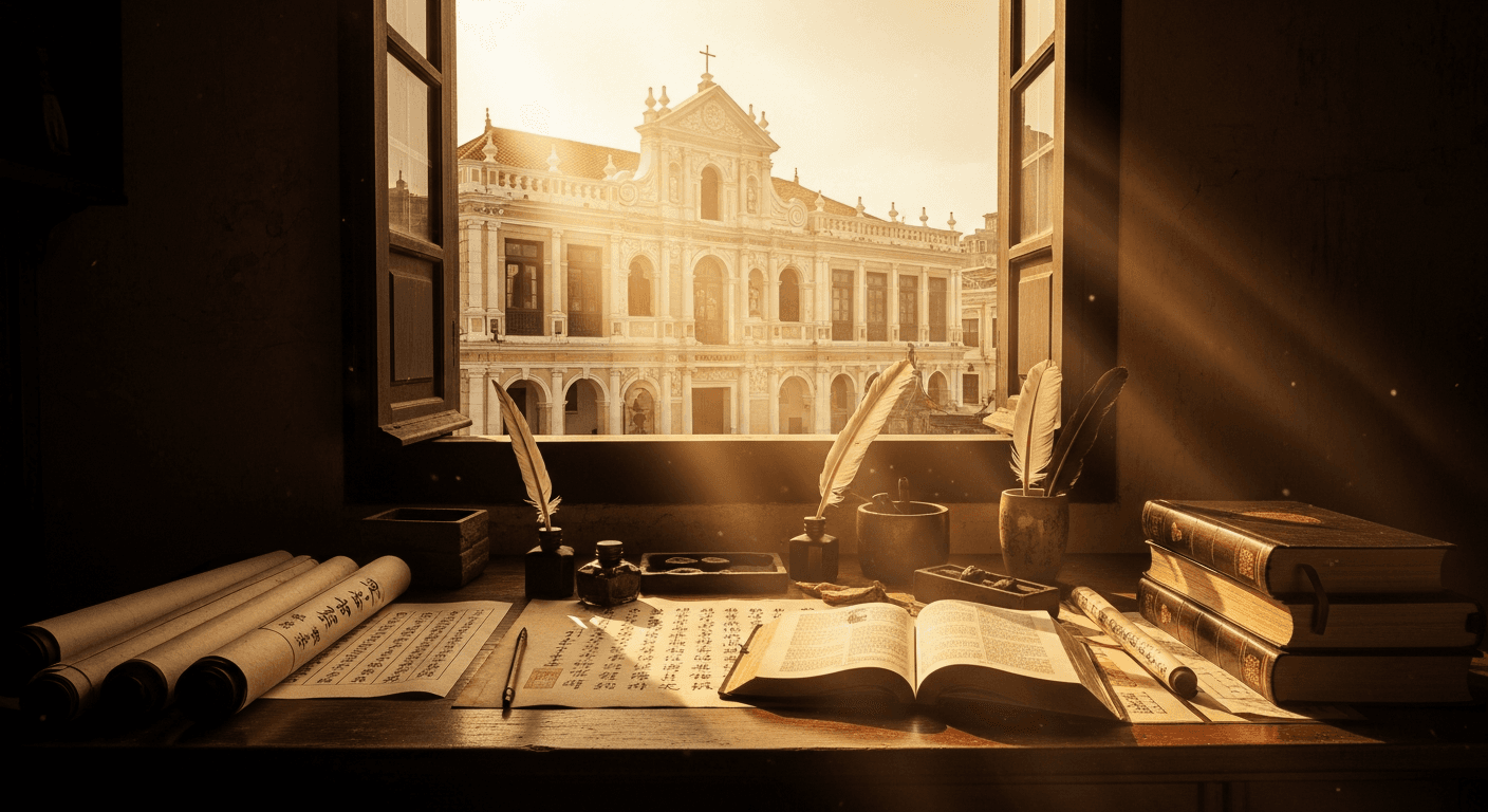 Macau scene: Robert Morrison, first protestant missionary China testimony, studies scripture despite missionary persecution China testimony.