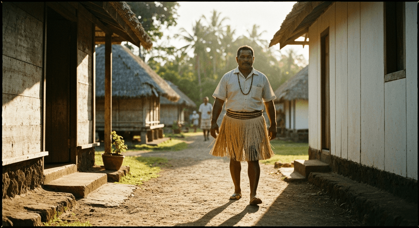 Historical Fiji village scene. "Chief conversion testimony Fiji" shows men finding faith. "Nation transformed through prayer" brought peace.