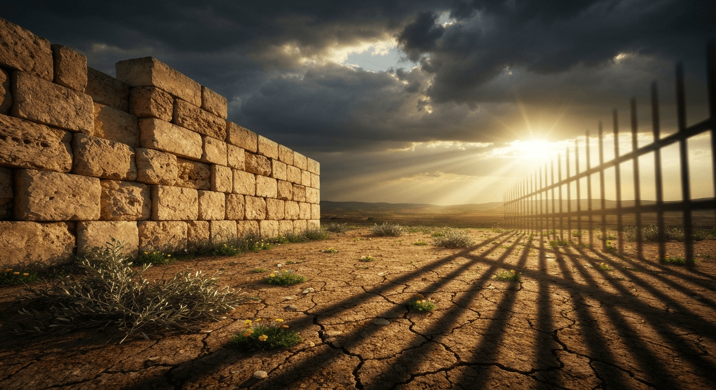 Ramallah stone wall, backdrop to a muslim to christian testimony. Hamas son converts christianity in the Middle East. Dramatic light.