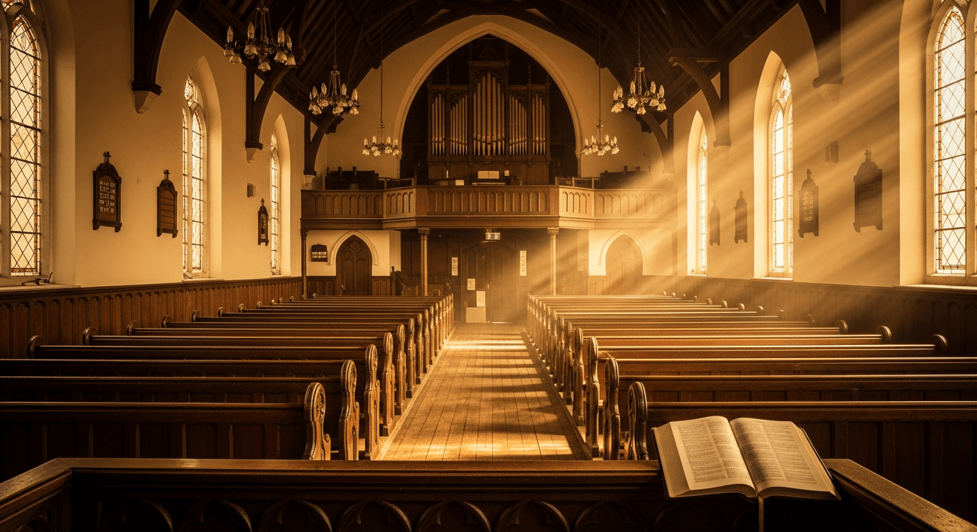 Ancient chapel interior with warm golden light streaming through windows symbolizing Charles Spurgeon conversion testimony and faith transformation