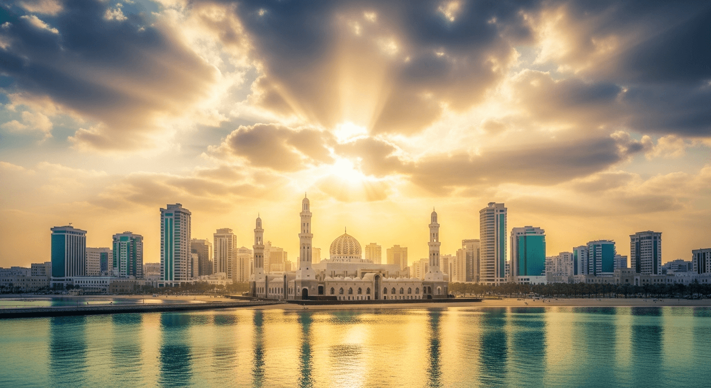 Desert sunrise over Muscat mosque revealing muslim convert testimony oman through jesus dreams testimony amid christian persecution arabian peninsula