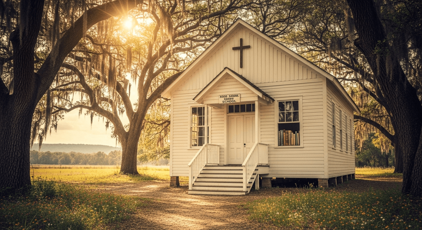 Weathered schoolhouse doors opening to bright sunlight symbolizing God redirected dreams and faith through racial discrimination in 1900s South Carolina