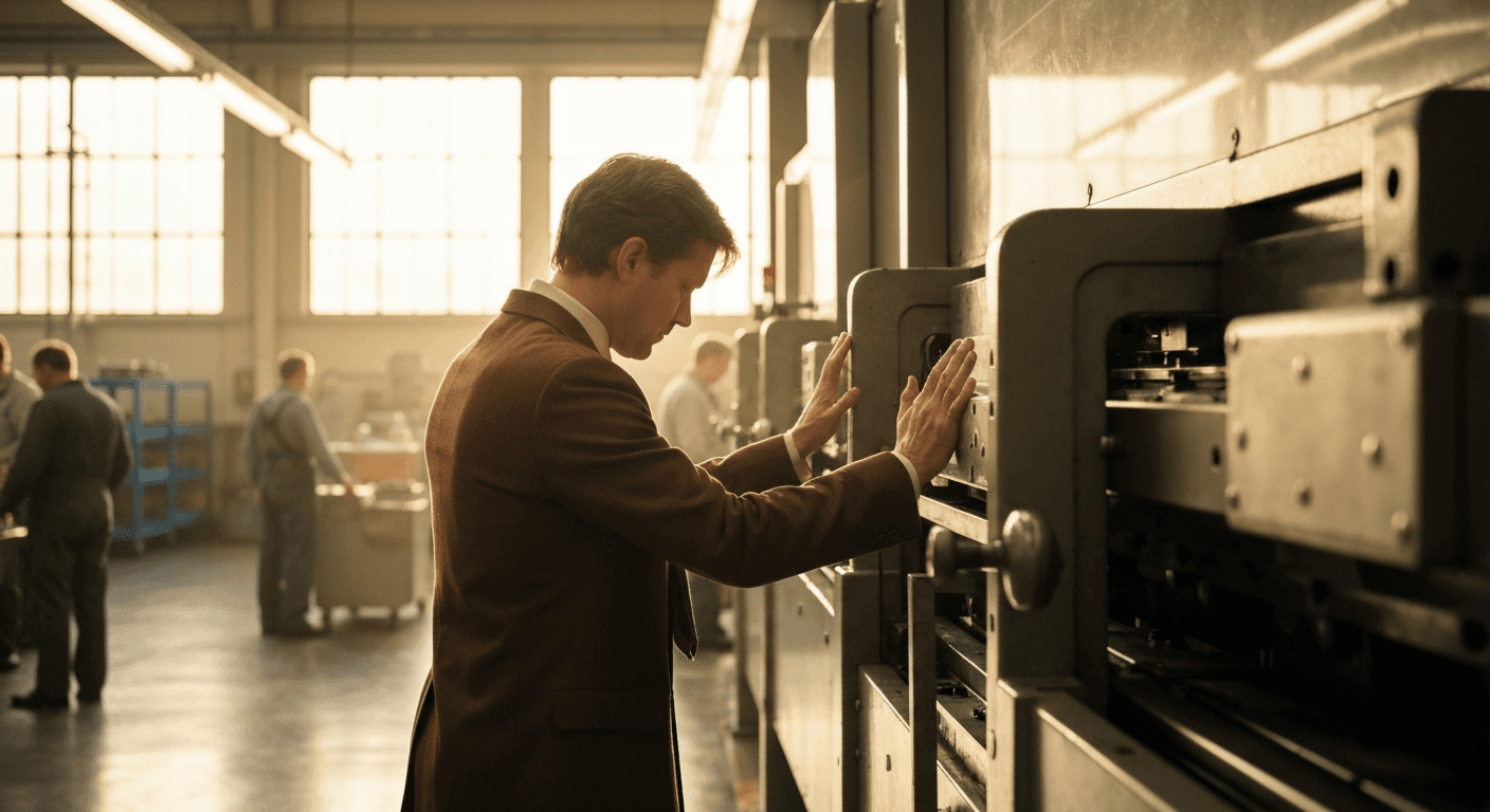Swedish workers watch as executive gives a prayer for broken machinery. Is this a christian business testimony sweden? Alfapac, Sweden.