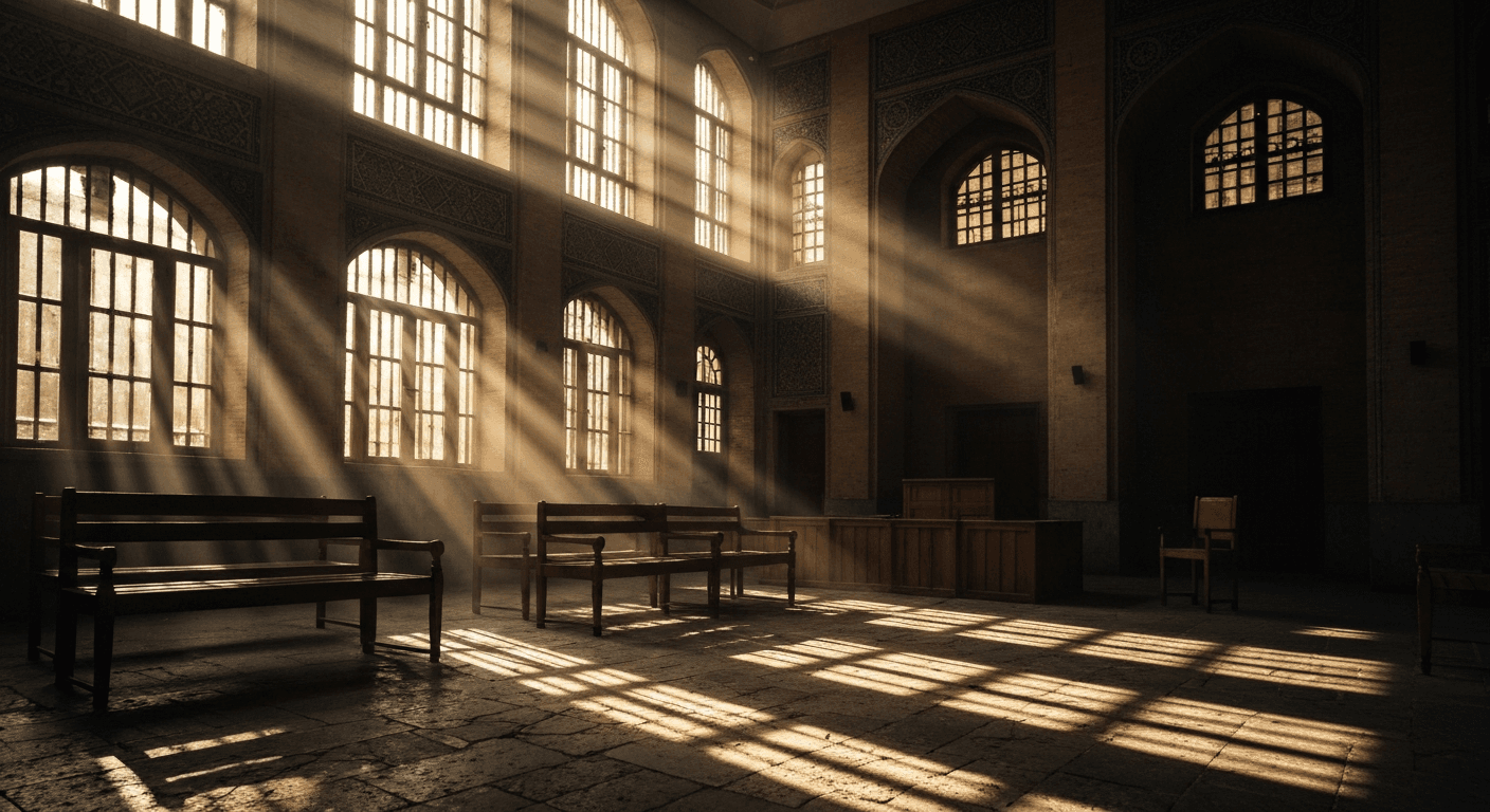 Dramatic light in an Iranian courtroom evokes the "christian testimony iran persecution". "Pastor martyred for faith" shown.
