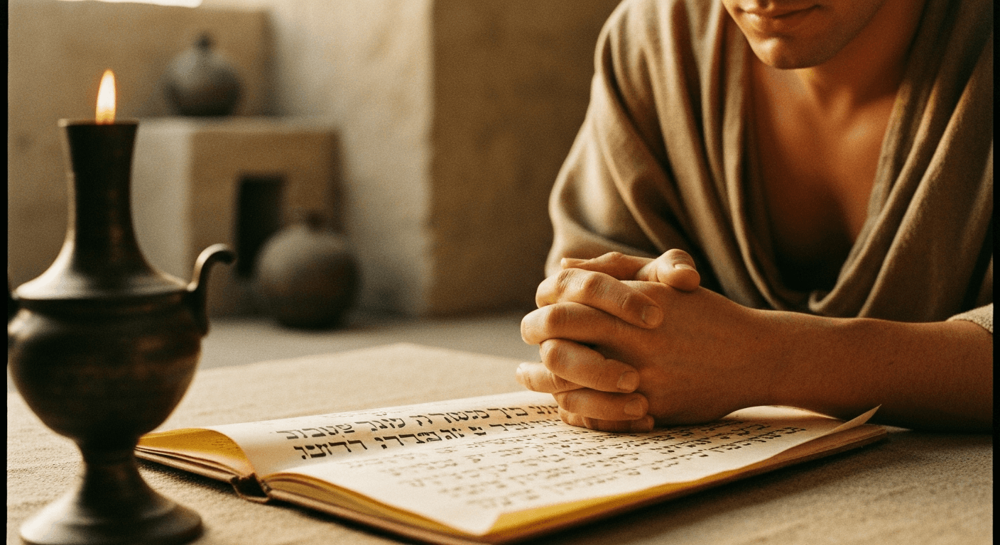 Historical depiction of Daniel's Fast. Man in prayer during his 21 day fast in Babylon. Experienced God's Presence through fasting and prayer.