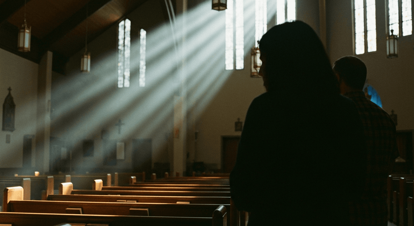 New Orleans residents gather after Hurricane Katrina; *faith testimony* shows *God's protection during disaster*.