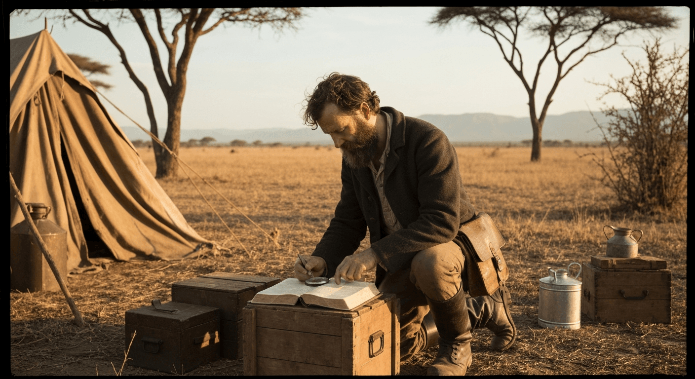 Victorian era missionary David Livingstone in 19th century African setting sharing his faith through suffering testimony with local people