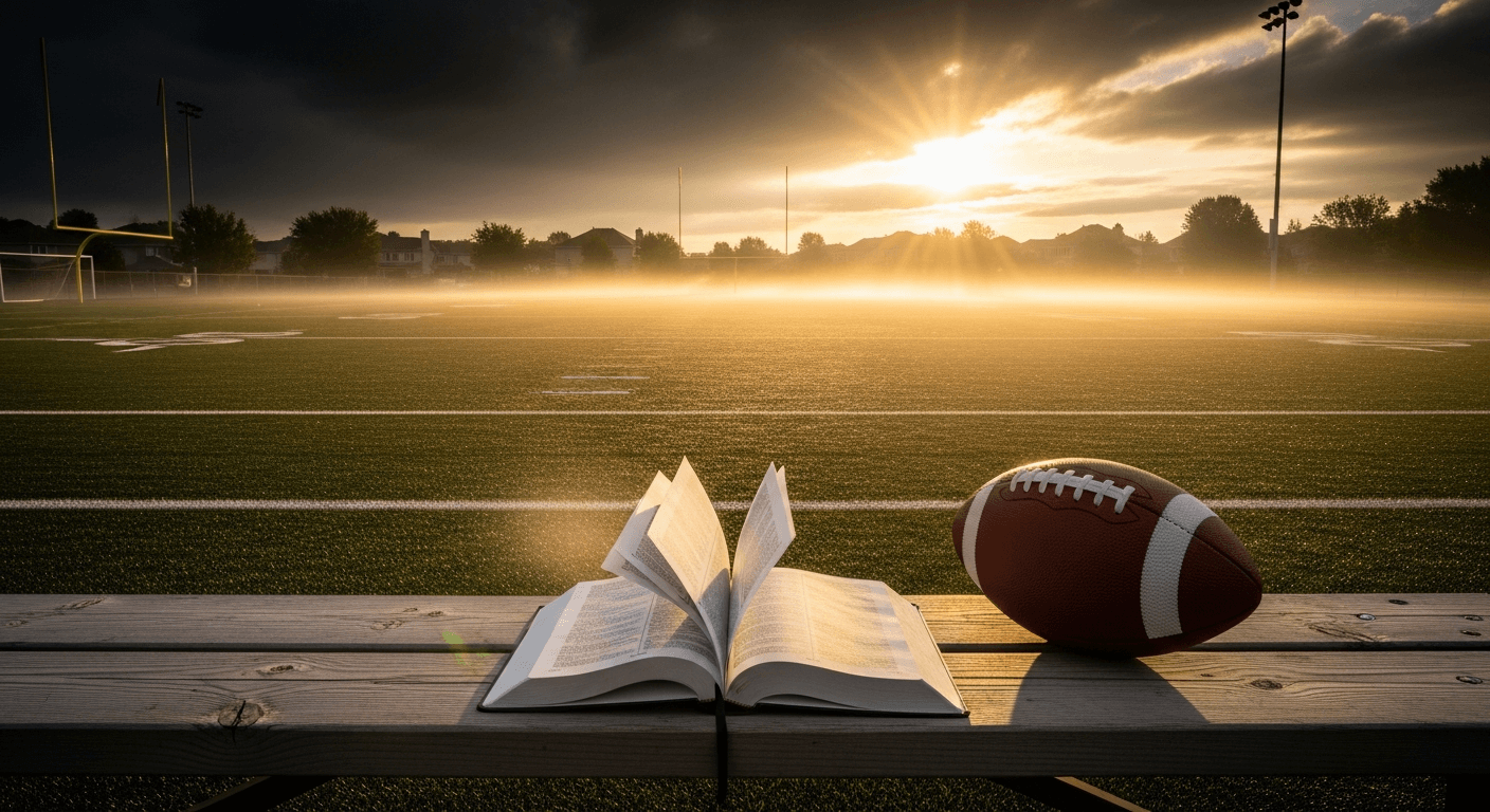Football field under stadium lights with cross shadow overlay representing NFL quarterback Christian testimony and faith through sports injury healing