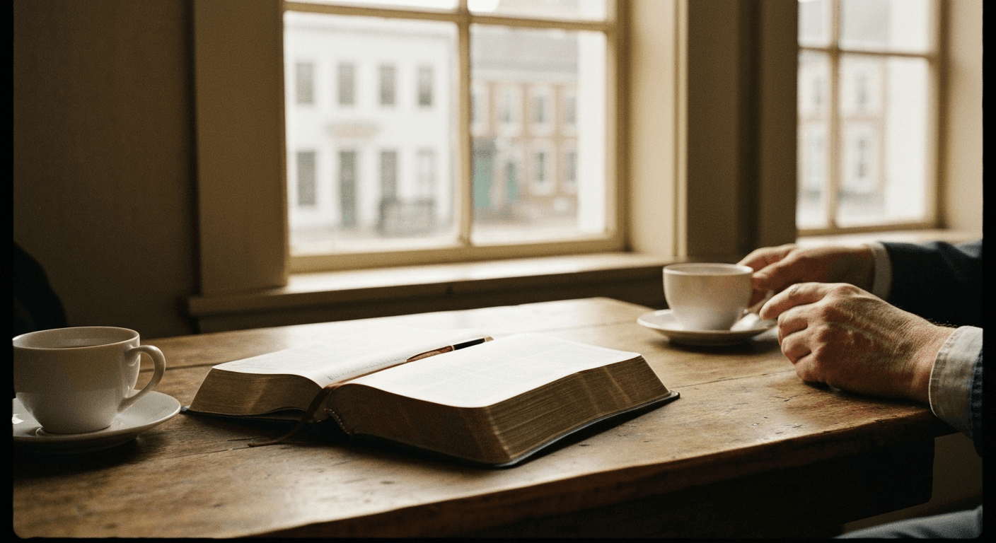 1850s England: Colchester scene depicts Charles Spurgeon's "from despair to faith testimony" after hearing Isaiah 45:22.