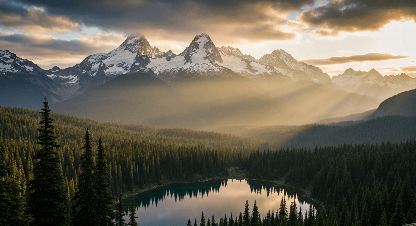 Cascade Mountains dawn evokes "scientist finds god through nature." Francis Collins' "atheist to christian testimony" backdrop.