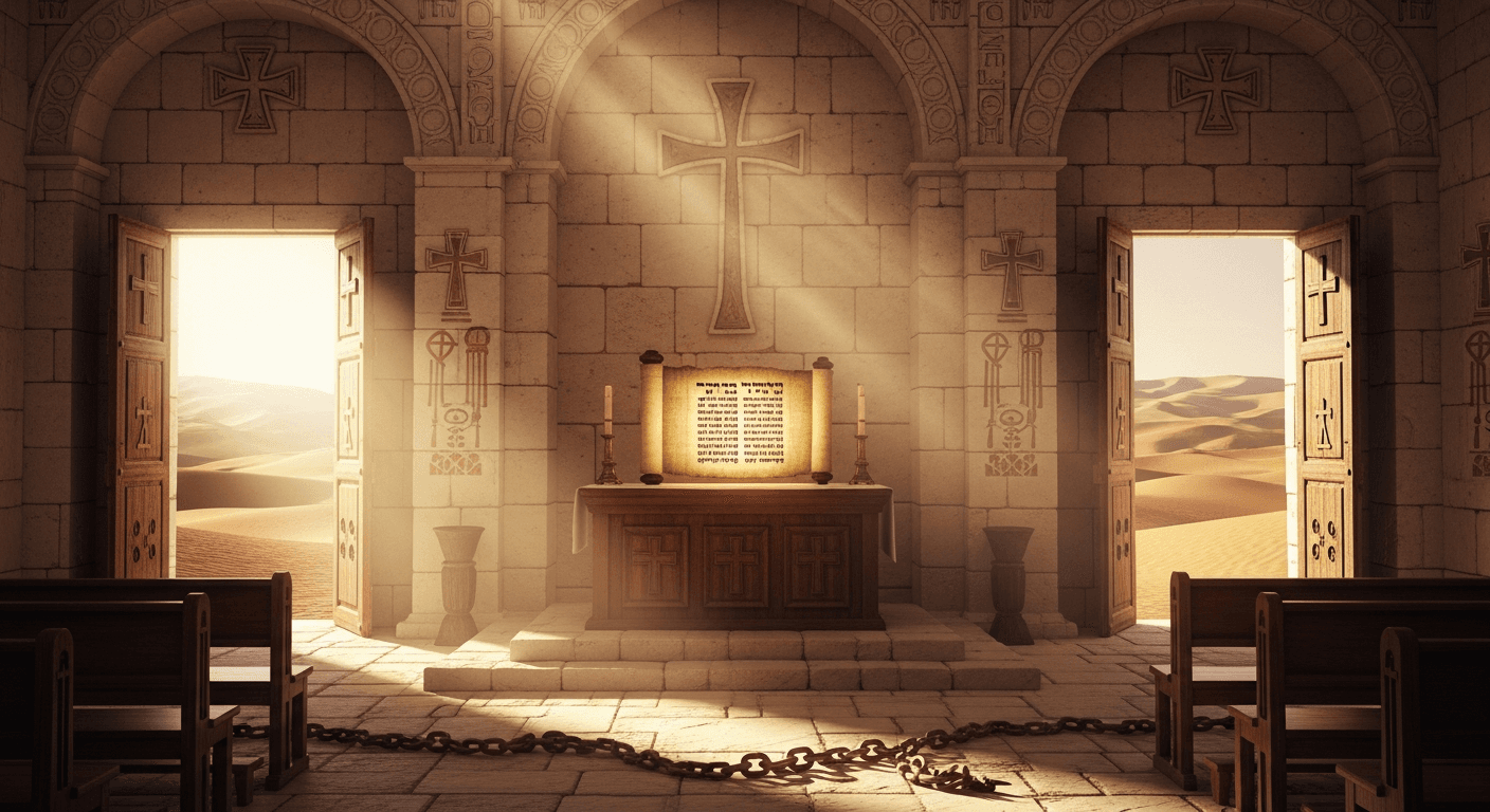 Desert landscape with ancient Egyptian monastery ruins symbolizing Anthony the Great testimony of radical obedience to God through Scripture