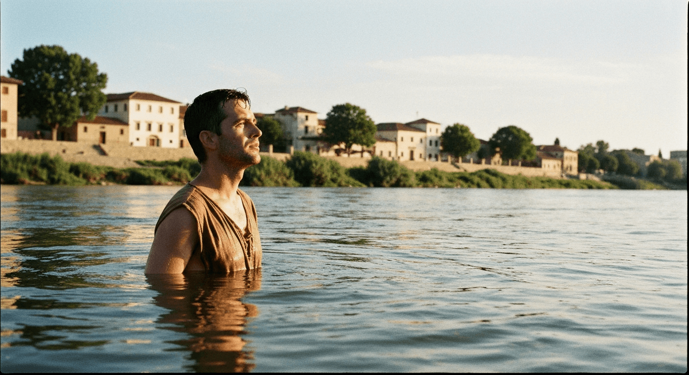 Syrian army commander Naaman reluctantly washing in the Jordan River. Historical image depicts the leprosy healed general's physical act of obedience.