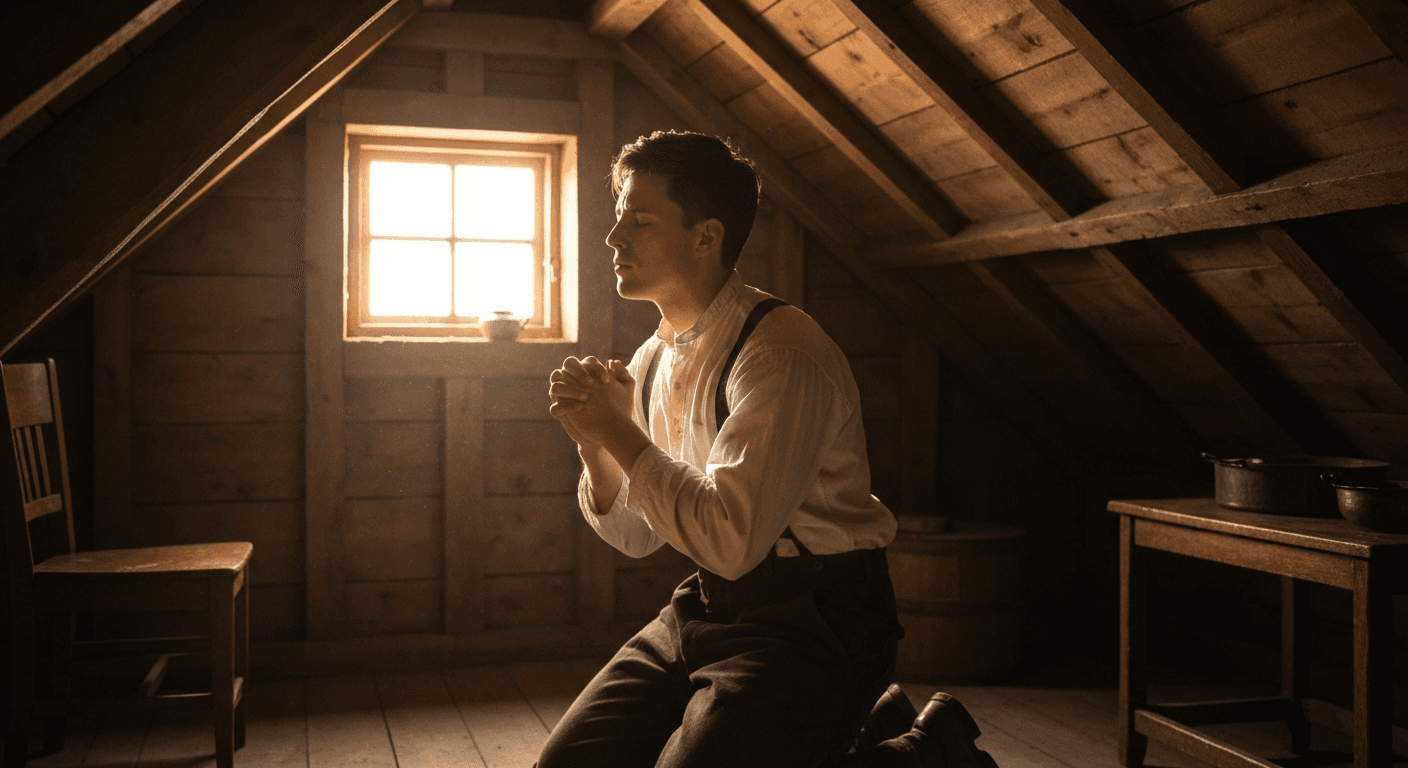 Factory worker kneels in 1915 Akron attic after hearing street preacher salvation story that led to aw tozer conversion testimony