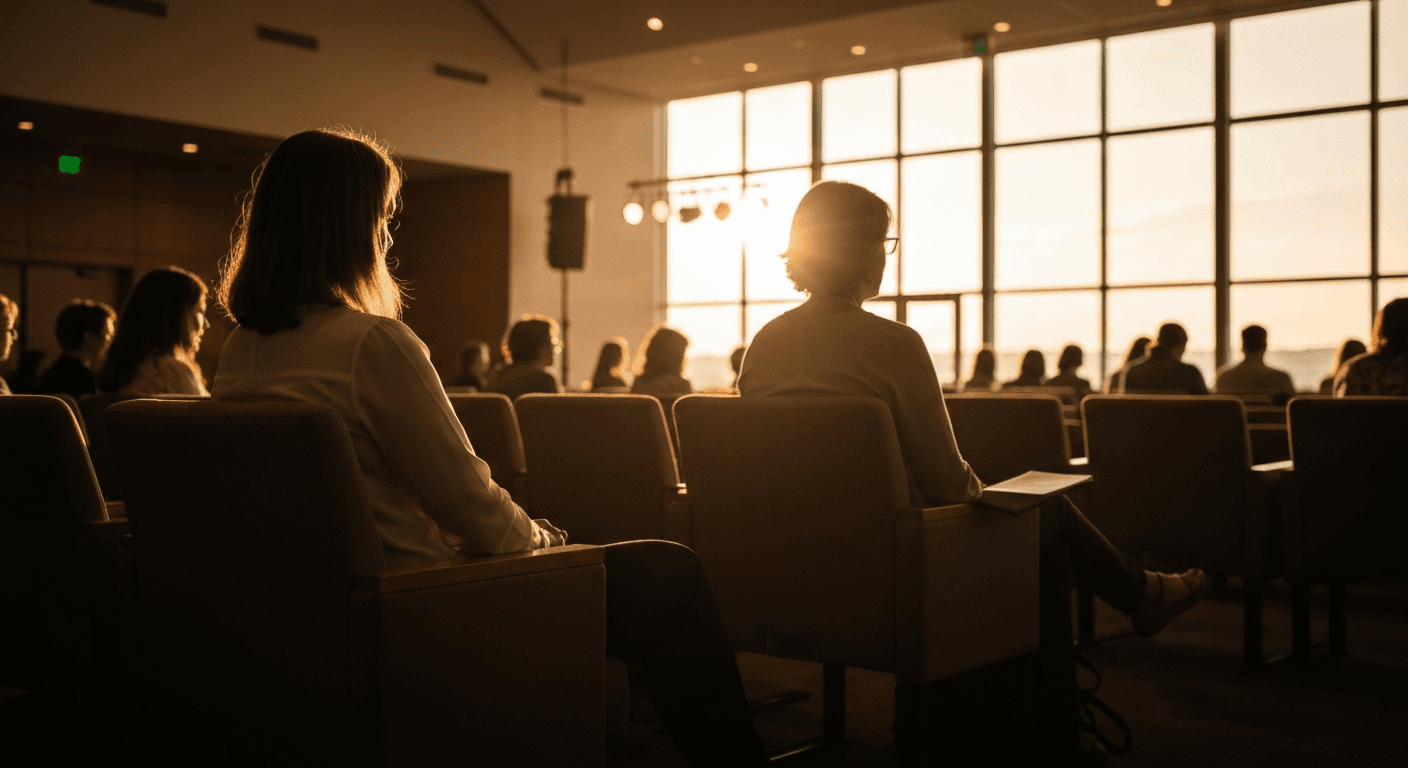 Woman at modern church conference receives prayer; leg length difference healed, a back pain healing testimony.