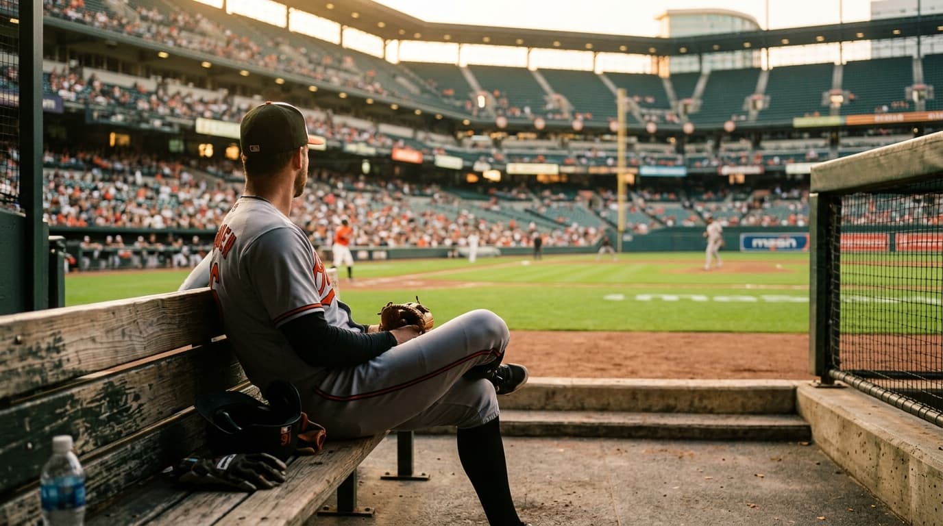 Modern baseball player giving a Ryan O'Hearn testimony about his Christian faith at Camden Yards as his faith deepened through scripture.