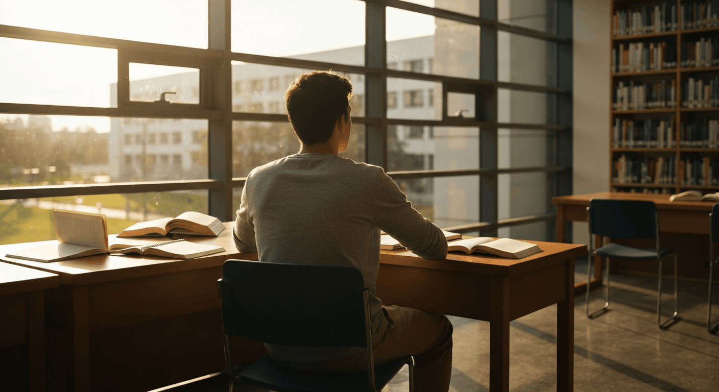 College student Sean McDowell in modern Biola University setting discussing christian doubt to faith testimony with father during apologetics journey