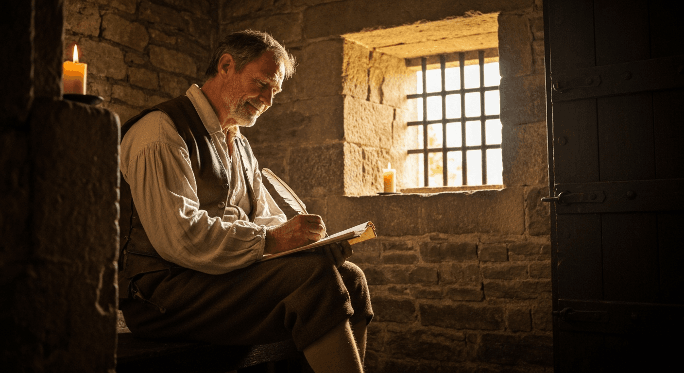 Historic scene showing John Bunyan testimony transformation from profane tinker to preacher in 1600s Elstow England prison cell writing