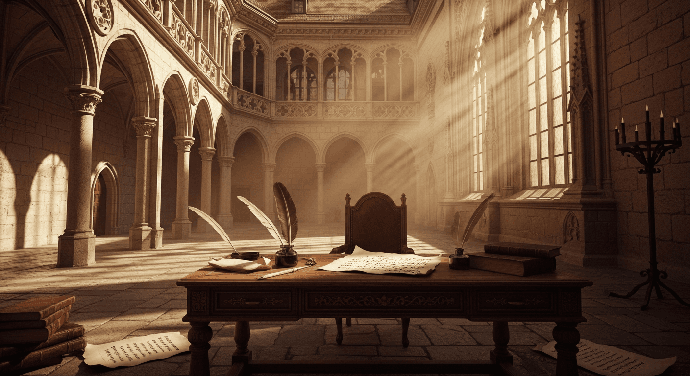 Ancient Bavarian castle courtyard with quill and parchment where Argula von Grumbach defied religious authority as first woman theological writer