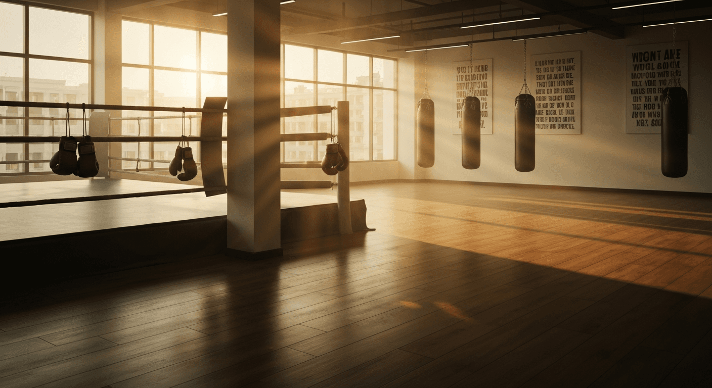 Manila boxing gym bathed in dawn light. Symbolizes Manny Pacquiao testimony transformation after his divine encounter in the Philippines.