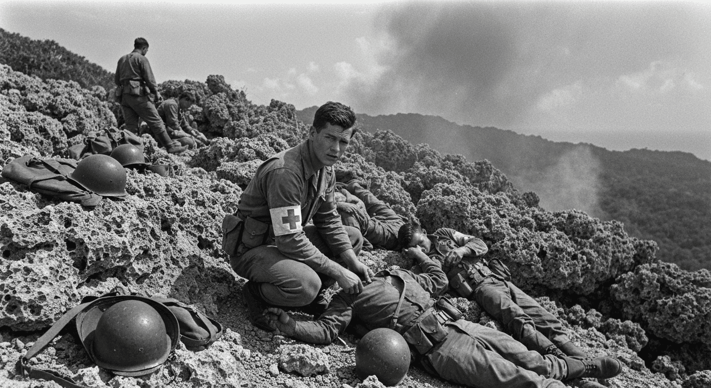 WWII medic Desmond Doss Christian soldier testimony showing conscientious objector in military uniform at Hacksaw Ridge Okinawa battlefield