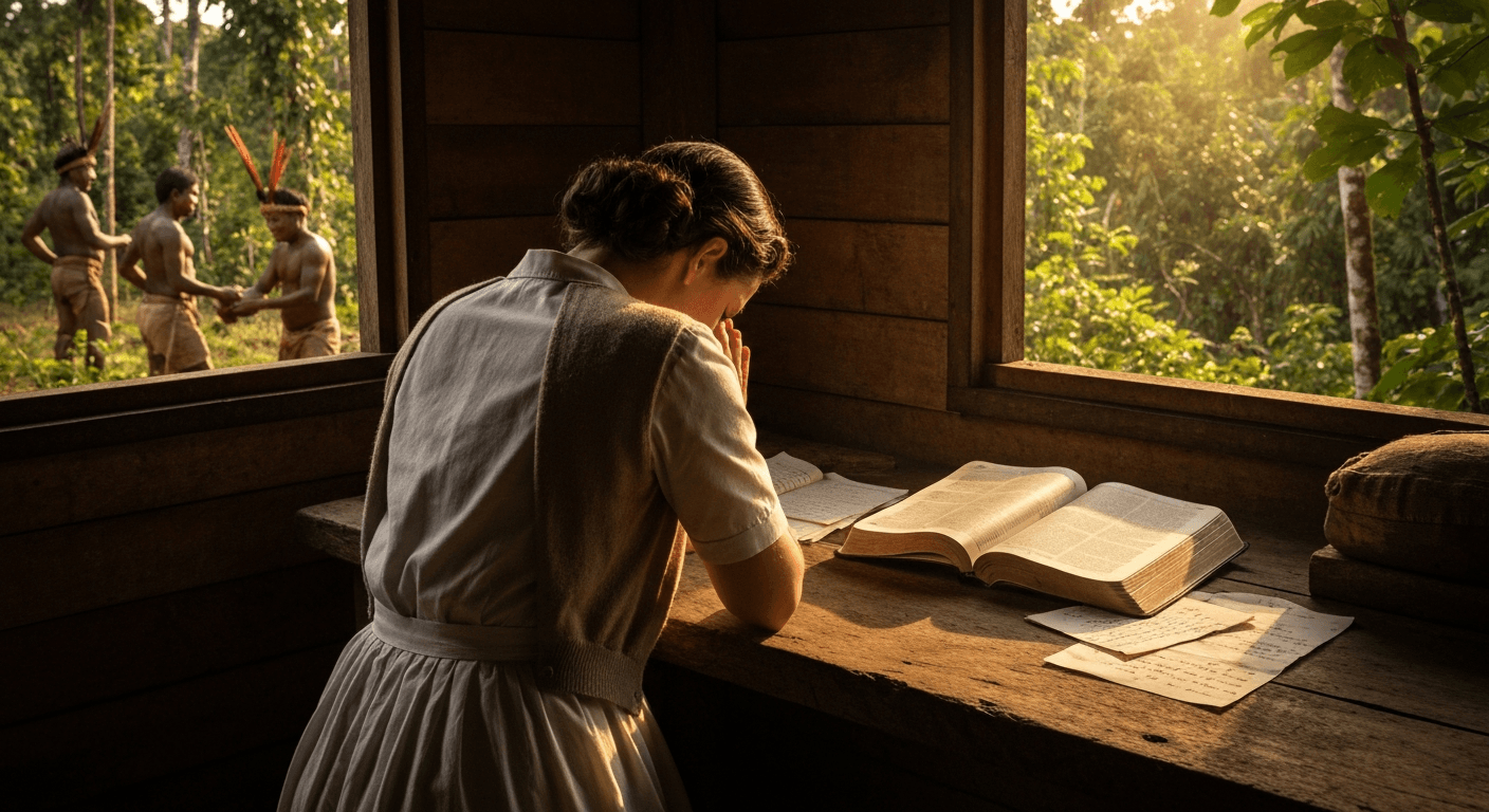 Elisabeth Elliot with Auca tribe, Ecuador. A visual missionary testimony Ecuador showcasing forgiveness after tragedy testimony.