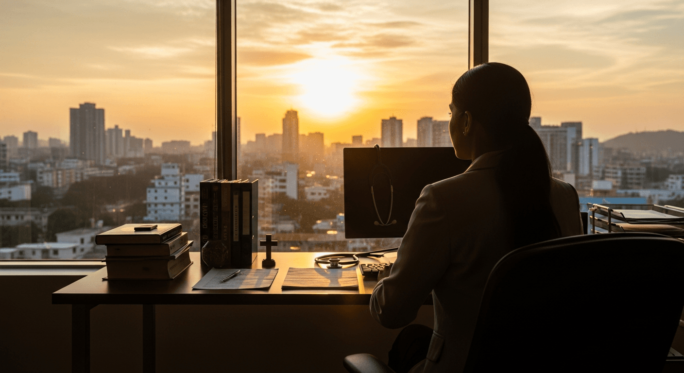 Sri Lankan Christian doctor Patricia Weerakoon sharing faith and sexuality testimony in modern Colombo medical office setting