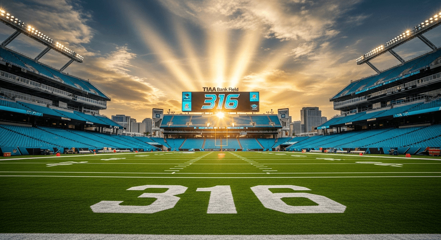 Football field under bright stadium lights showcasing Tim Tebow faith testimony through miraculous John 3:16 miracle game in Jacksonville