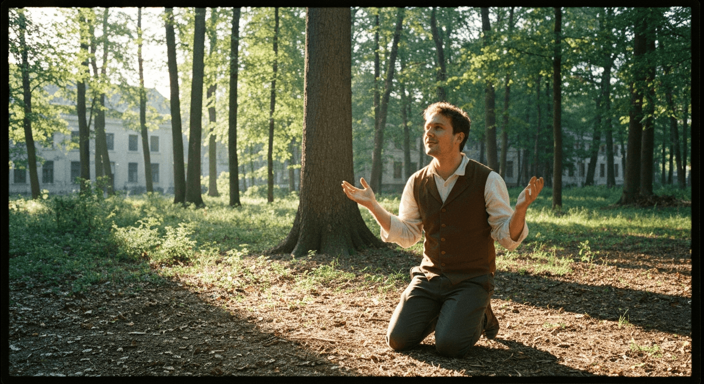 Historical image of Charles Finney conversion. Lawyer finds God in private worship encounter alone in the woods near Adams, NY. Revivalist testimony.