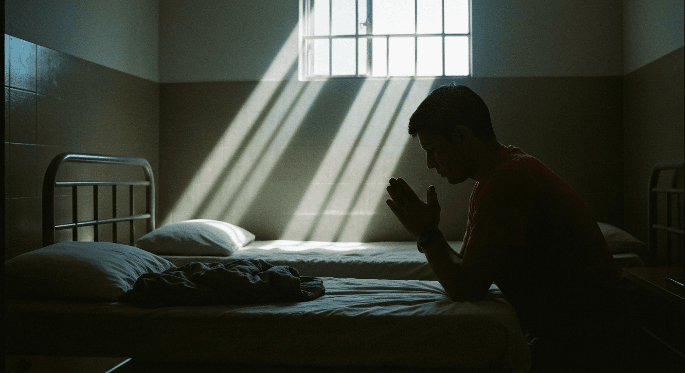 Chained hands uplifted: Evin Prison Christian testimony, Tehran. Experiencing God's presence in suffering despite persecution in Iran.