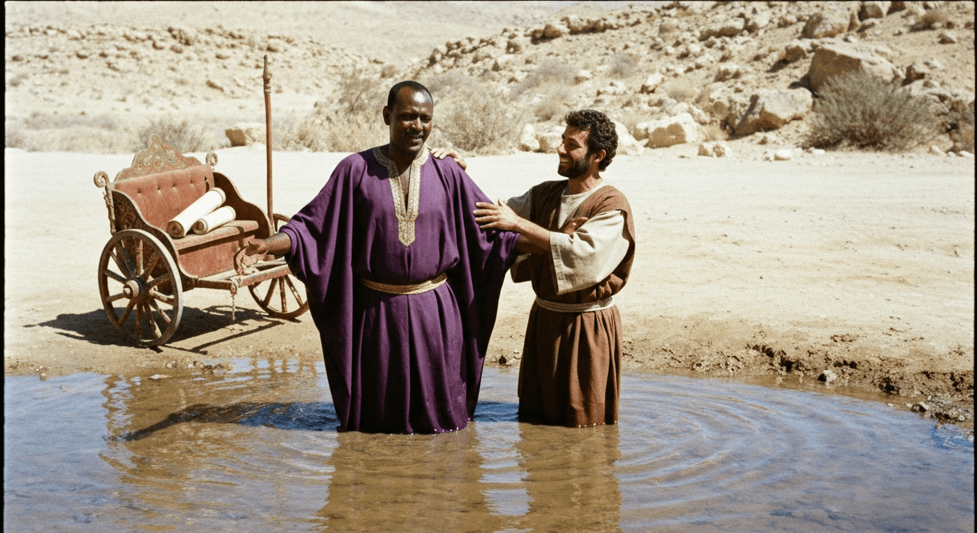 Ethiopian eunuch receives baptism from Philip in desert water beside chariot on ancient road from Jerusalem to Gaza