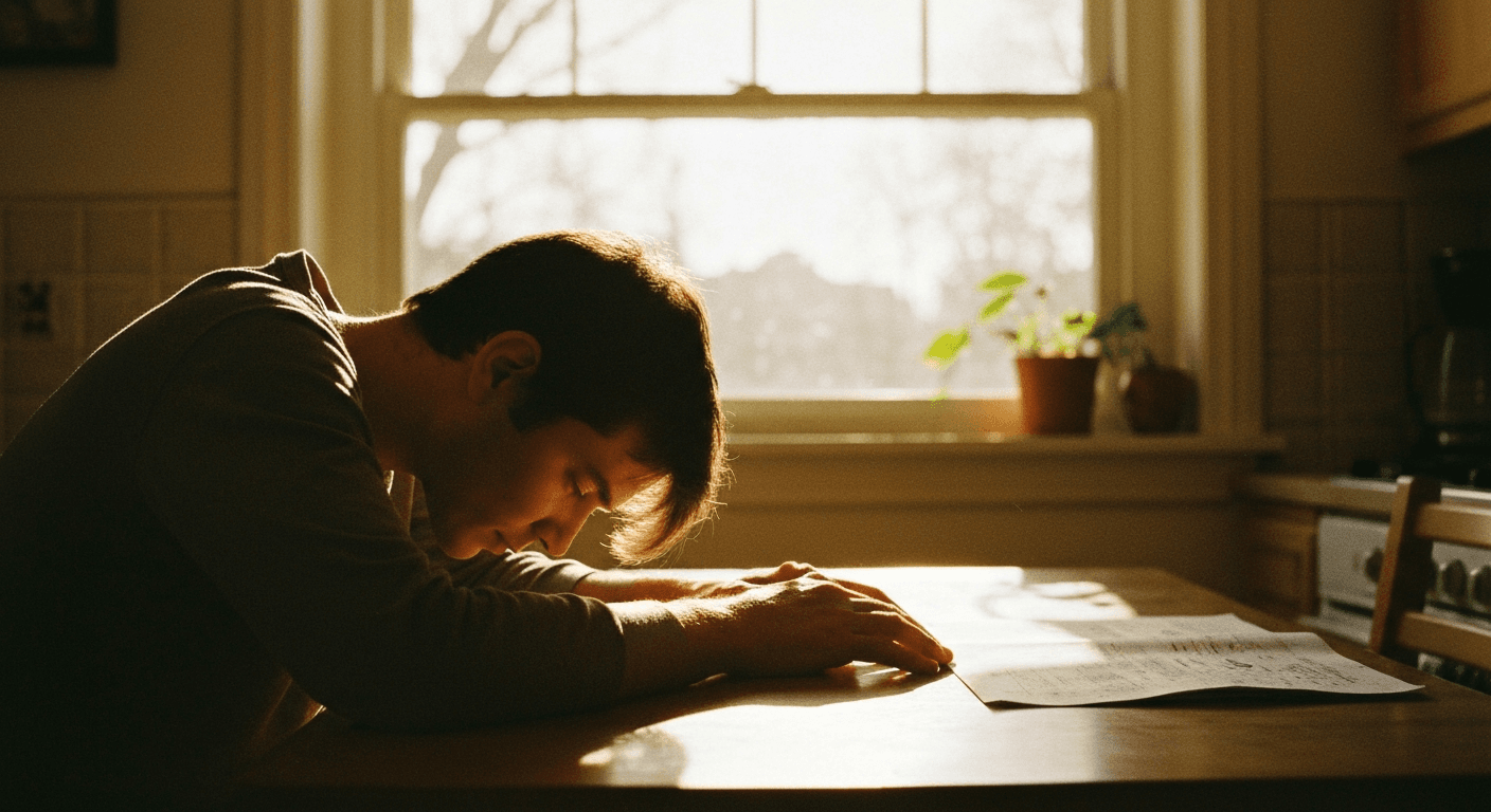 Man smiling in modern USA setting. David Trombly testimony: surgery cancelled, testicular cancer tumour disappeared after prayer chain cancer healing.