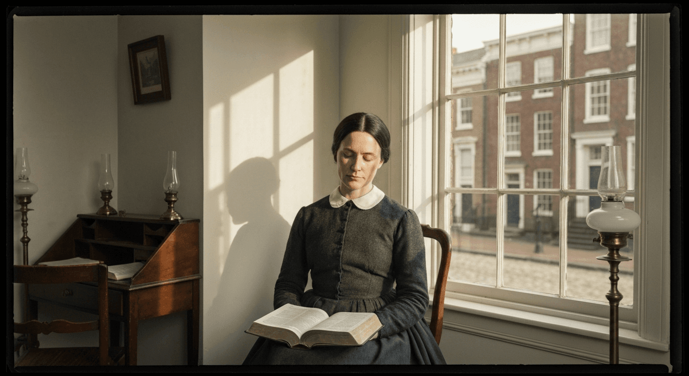 Historical portrait of Hannah Whitall Smith in 19th century Philadelphia sharing her testimony from spiritual anxiety and christian secret happy life