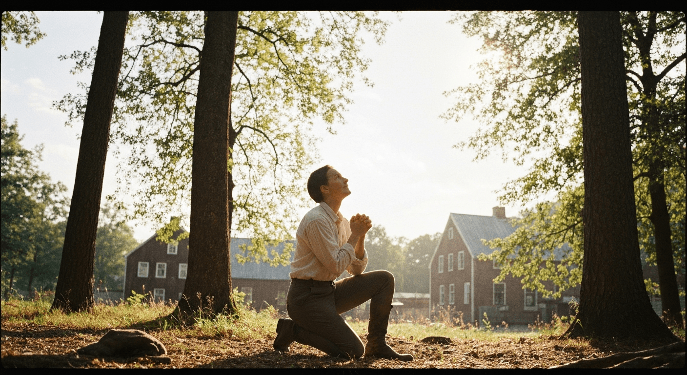 Historical image lawyer Charles Finney kneeling in prayer. 1821 conversion experience in Adams, New York forest leads to physical submission to faith.