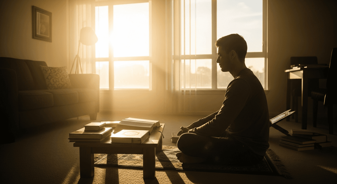 Modern man studying scripture and praying in San Diego home during Nabeel Qureshi testimony conversion story from Islam to Christianity
