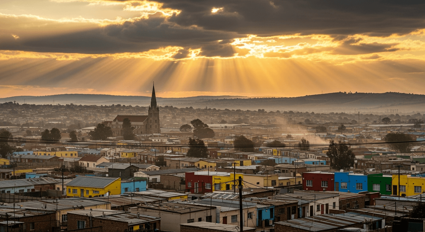 Broken chains on dusty Soweto street symbolizing Christian testimony of transformation from addiction through faith and church outreach ministry