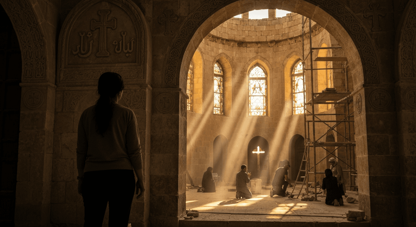 Rand Sabeeh's christian testimony surviving ISIS. Rebuilding faith through persecution Iraq, Qaraqosh church ruins.