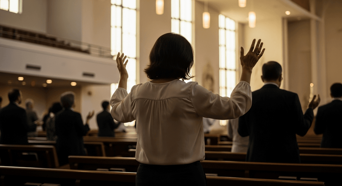 Iranian woman celebrating arthritis healing through prayer at modern Bethel Church conference with joyful congregation in Redding