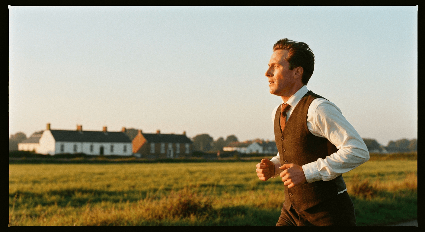 China fields: Eric Liddell, olympic champion missionary, in motion. Evokes eric liddell faith & feeling god while running.