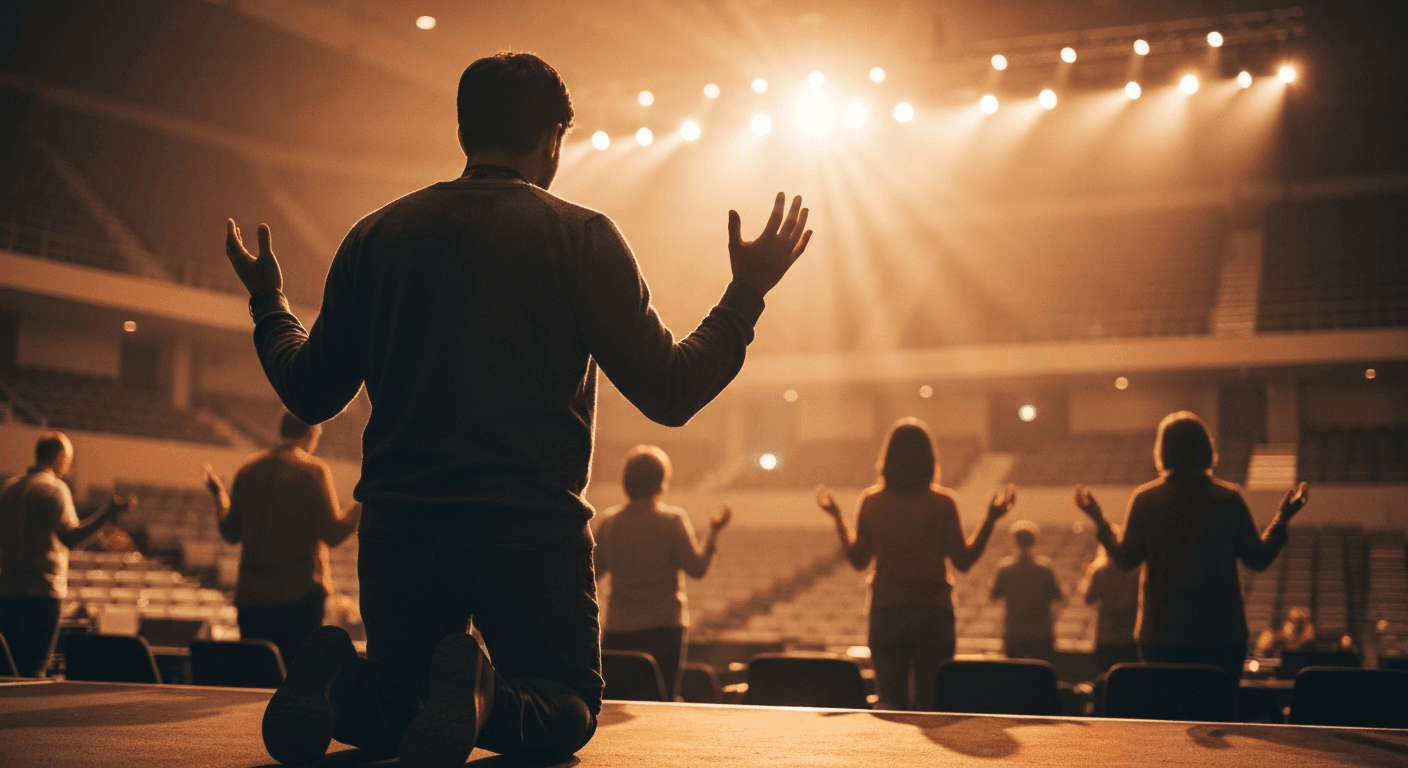 Missionary healed of parasites through divine healing testimony at modern Orlando prayer event with Bill Johnson and congregation gathered