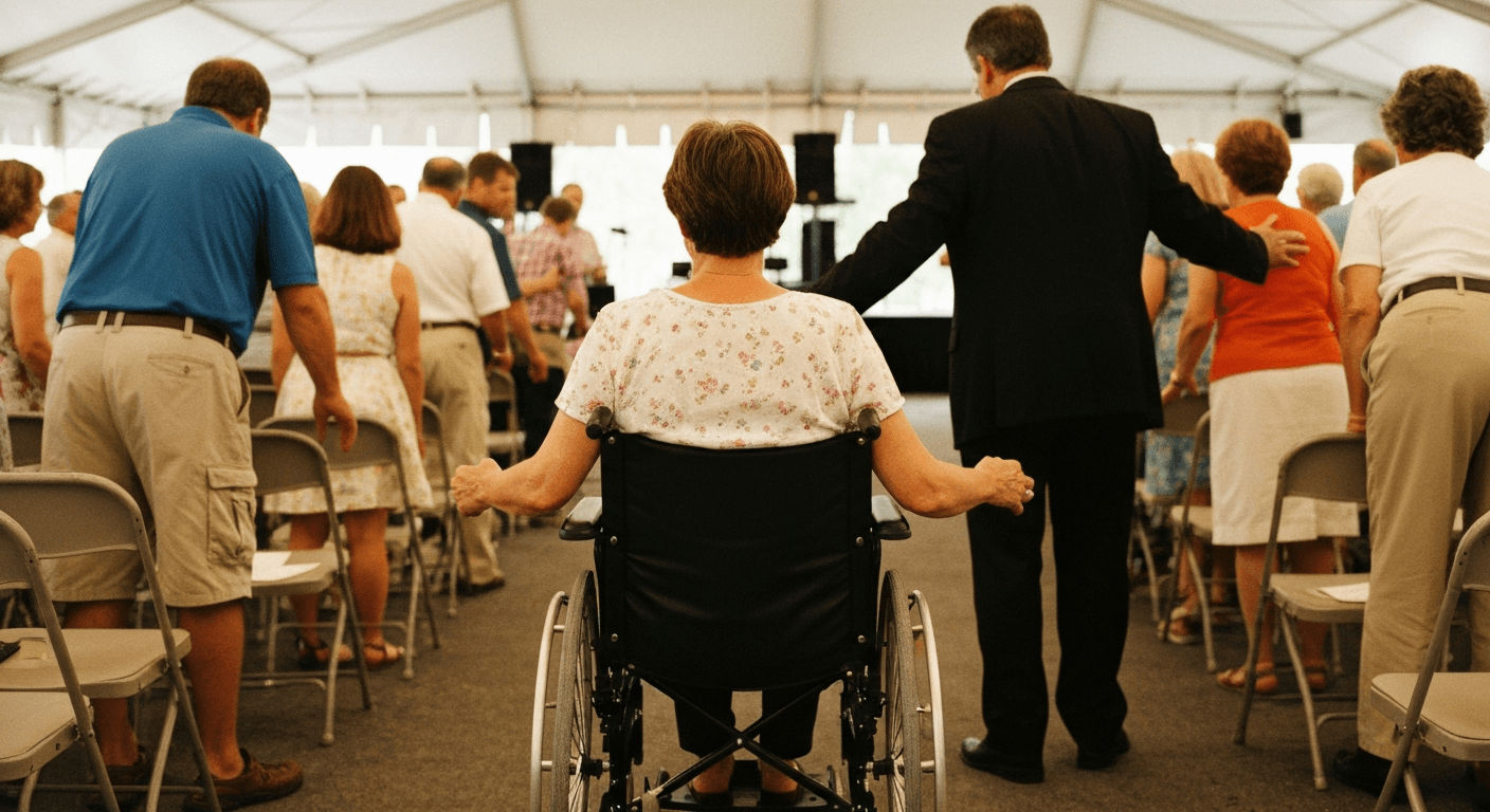 Gospel singer Delia Knox experiences wheelchair healing as she stands after 22 years of paralysis during modern revival service in Mobile Alabama