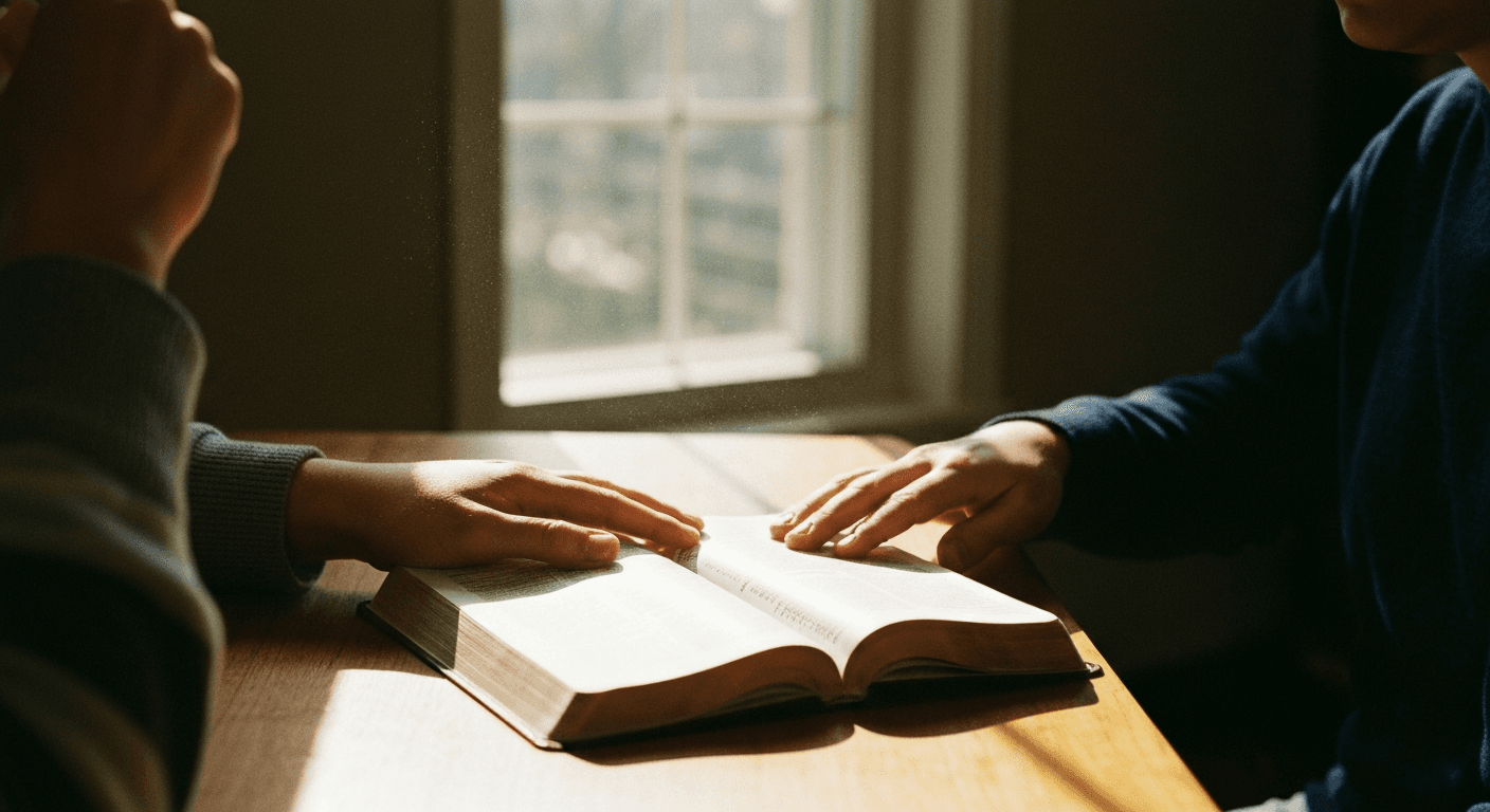 1980s church service in Sheffield England. People engaging in John Wimber's power evangelism testimony, showcasing charismatic revival.