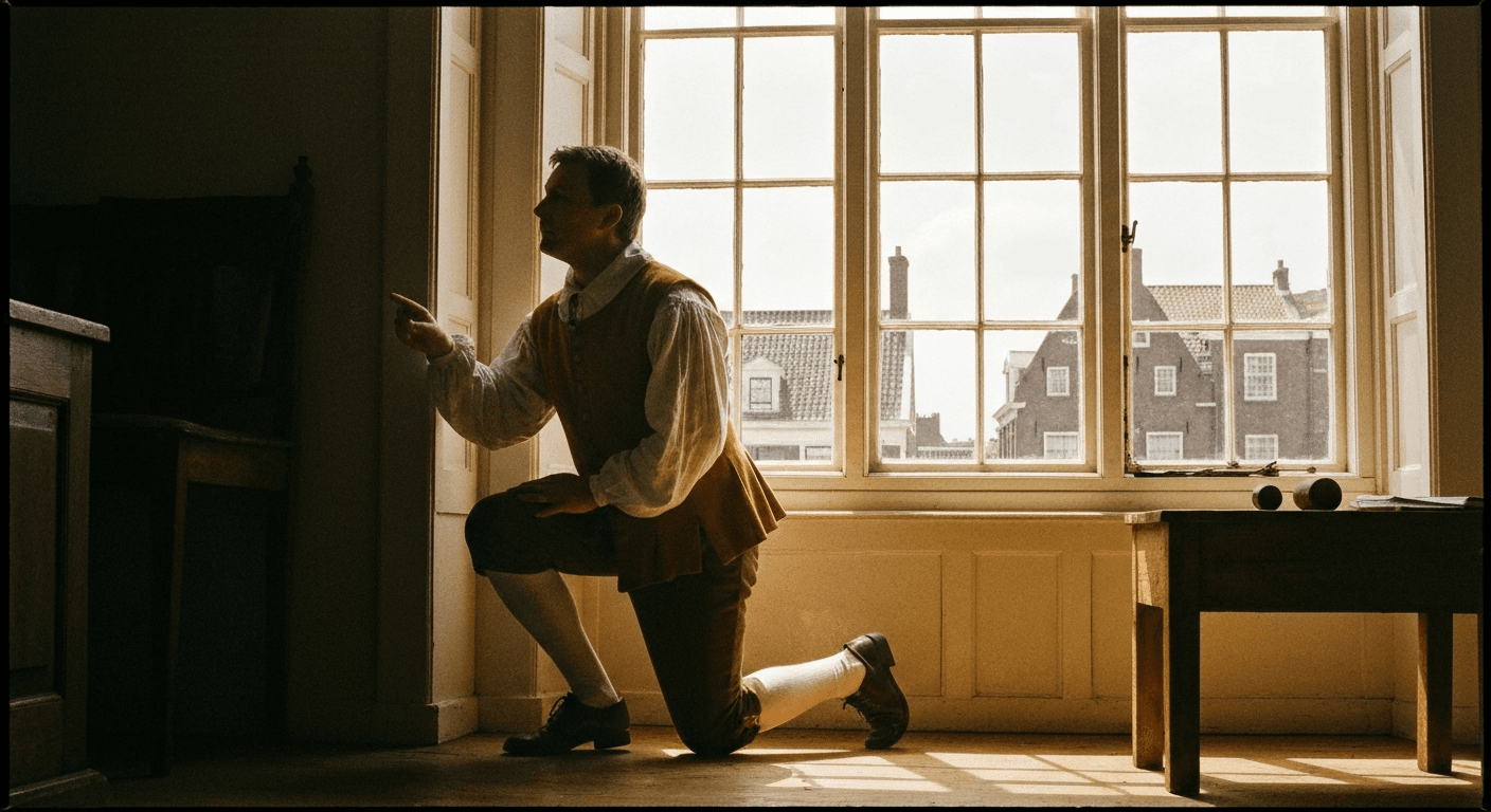 Historical scene of William Penn Quaker conversion testimony in Ireland. Man in 1600s attire preaches to gathered crowd reflecting faith through fa...