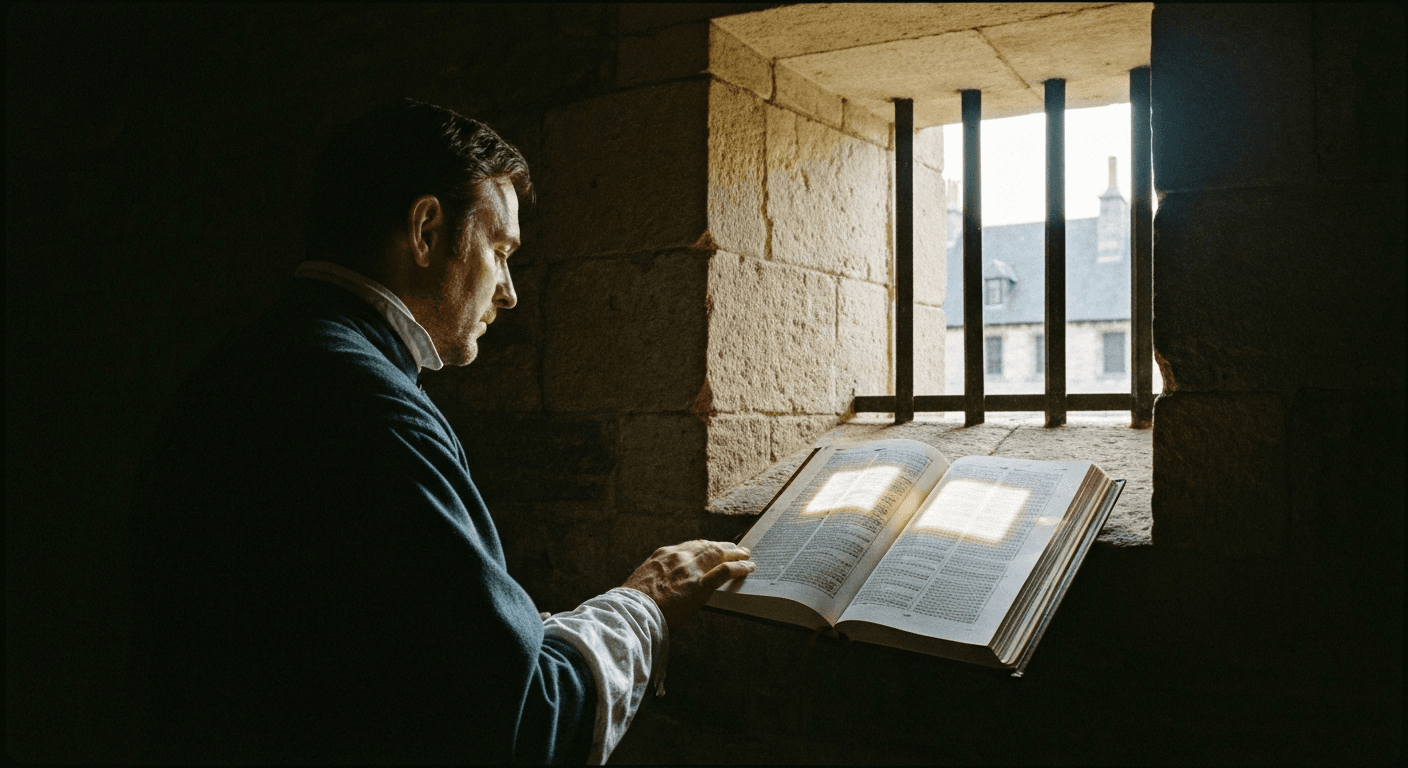 17th century engraving depicts John Bunyan's Bedford conversion. Witness the pilgrim progress author conversion story and his tinker to preacher tr...