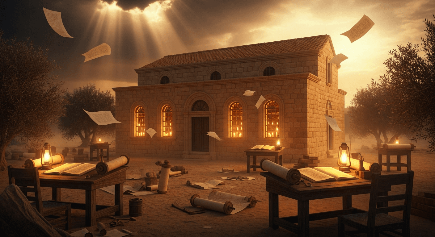 Ancient scrolls and manuscripts scattered across desert sand beneath divine light representing Jerome dream vision testimony and christ appearing ...