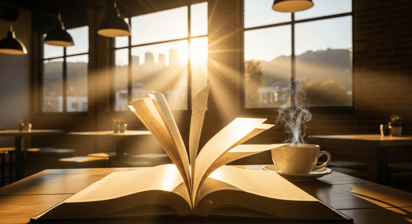 Hollywood coffee shop scene with open Bible and cross representing gay man becomes christian testimony and instant conversion transformation story