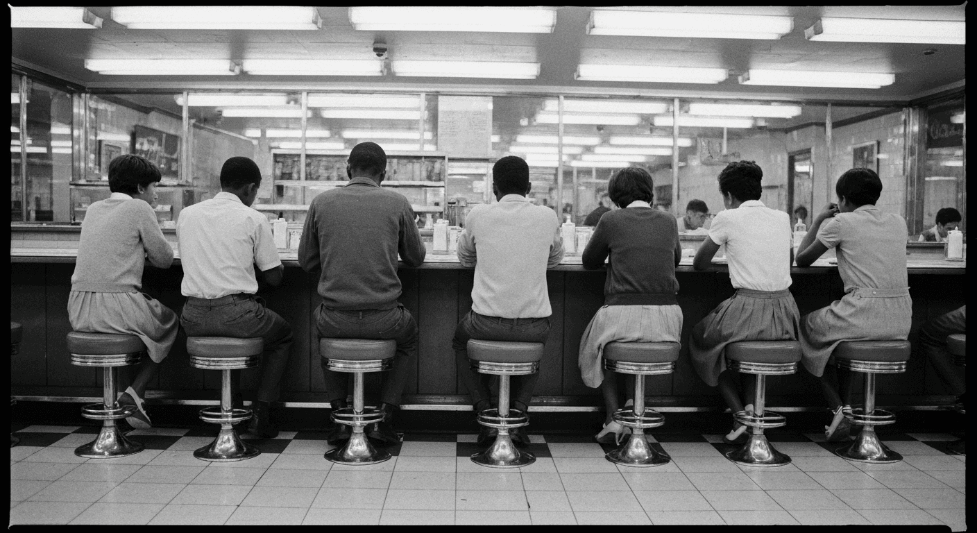 Historic lunch counter sit-in scene showing Friendship Nine civil rights activists in 1961 Rock Hill protest that led to wrongful conviction overturn